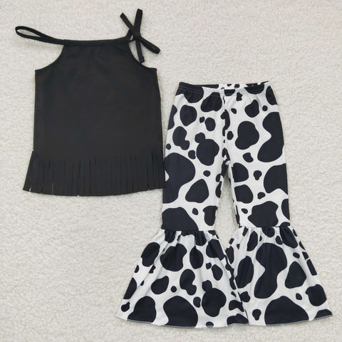 Kids black suede t shirt cow print bell set