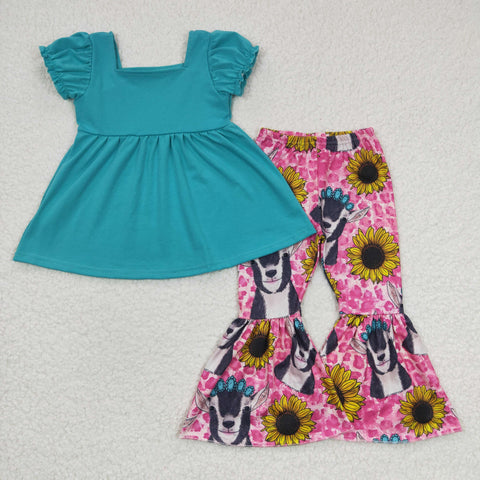 Peacock blue solid top sunflower pants children set