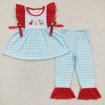 Cow embroidery girls plaid blue outfit