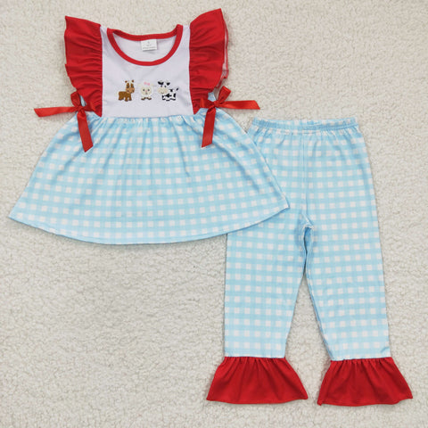 Cow embroidery girls plaid blue outfit