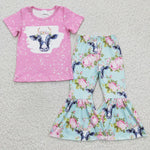 Pink cow top floral pants baby girl set