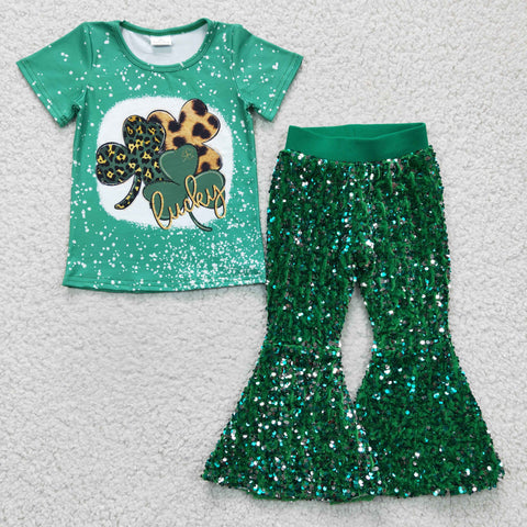 St Patrick's Day Bling Sequined Pants Kids Girls Green Outfit