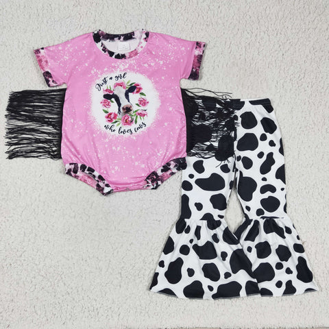 kids cow print pink romper baby girls' fringe set