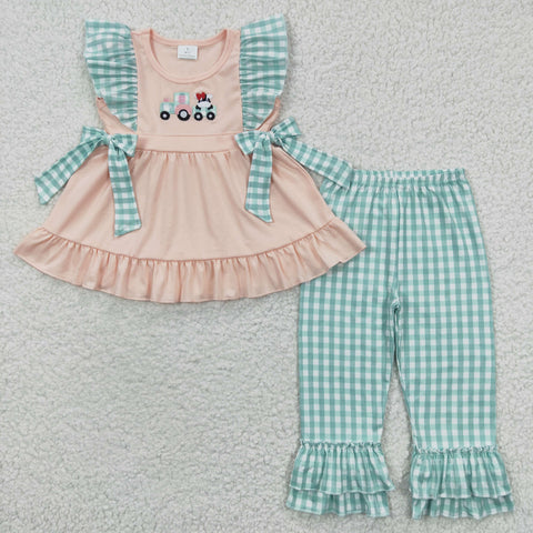 Tractor embroidery girls toddler plaid outfit