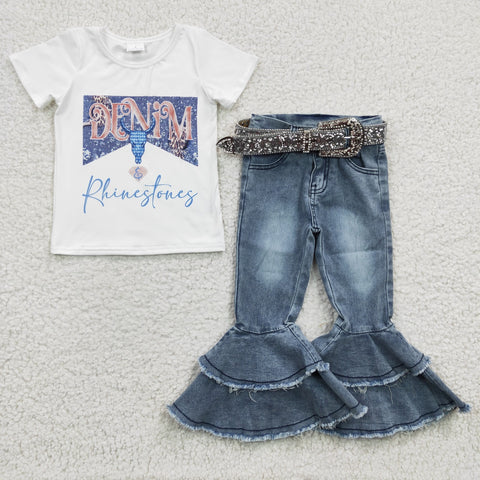 Denim Rhinestone Shirt Bell Jeans 3 Pcs Girls Outfit