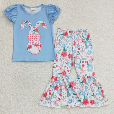 Blue cute bunny shirt girls floral set