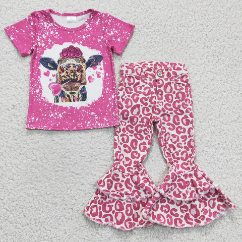 Heifer shirt leopard bell bottom jeans kids girl pink set