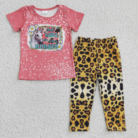 Horse t shirt girls leoaprd pants set