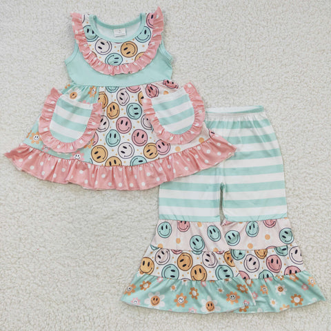 Smile print kids pocket ruffle toddler outfit