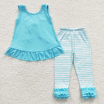 Four colors kids stripe ruffle tight pants outfits