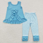 Kids girl stripe ruffle tight pants blue outfit