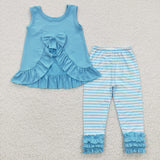 Kids girl stripe ruffle tight pants blue outfit