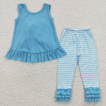 Kids girl stripe ruffle tight pants blue outfit