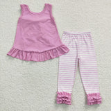 Four colors kids stripe ruffle tight pants outfits