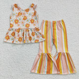 Floral top girls striped pants set with bow