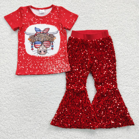 Red cow t shirt sequined flare pants girls outfit