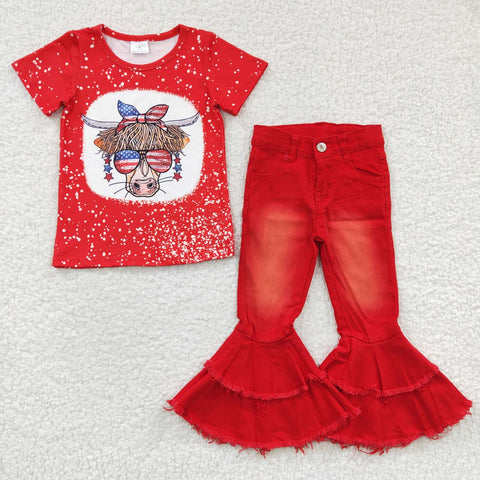 July 4th cow t shirt kids girls red bell jeans set