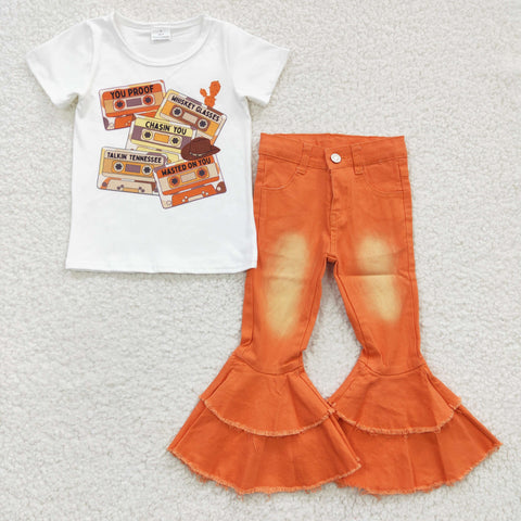 Orange faded bell bottom jeans girls cassette outfit