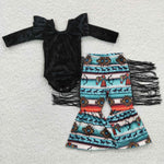 Black velvet romper baby girls fringe set