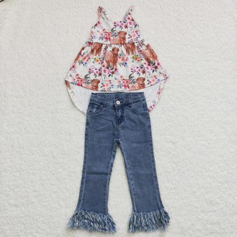 Cow floral dress top kids girl jeans set