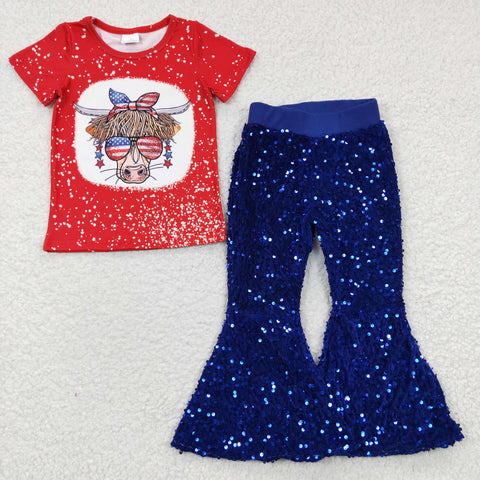 Girl red cow t shirt blue sequined pants outfit