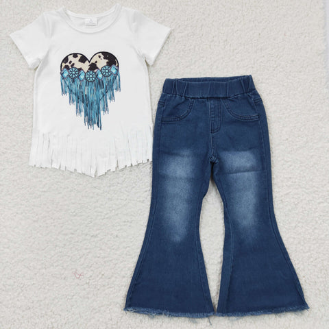 Fringe heart white shirt girls blue jeans set