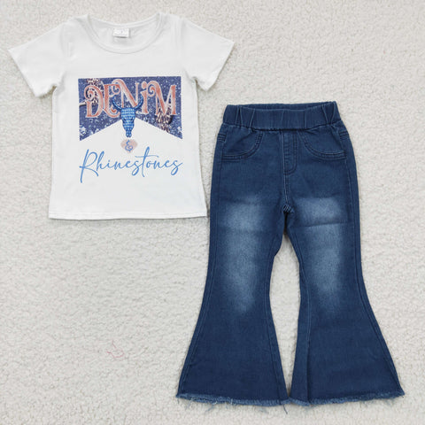 Denim rhinestones girls blue jeans set