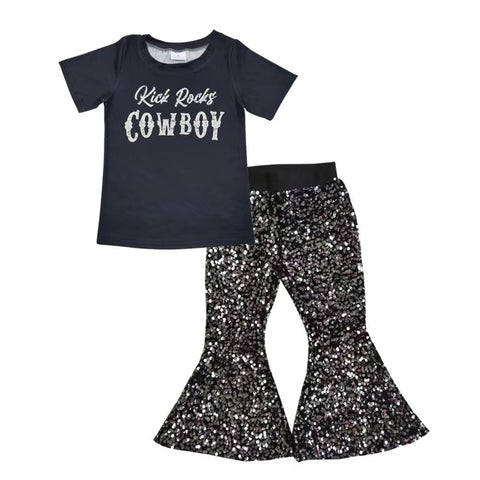 Cowboy black t shirt girls sequined outfit