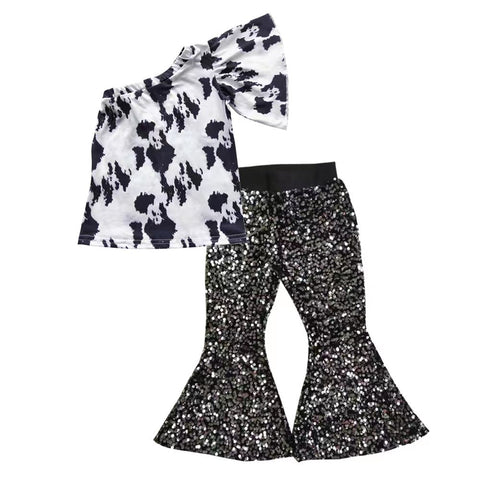 One shoulder cow print top kids black sequined outfit