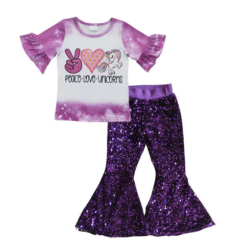 Peace love unicorn kids girl purple sequined outfit