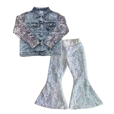 Kids girl denim jeacket sequined white pants outfit