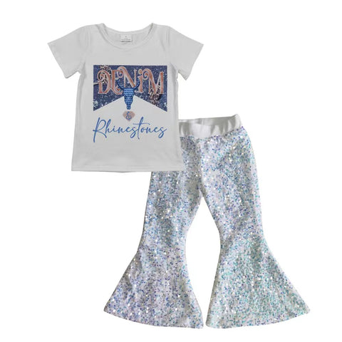 Denim rhinestone kids white sequined set