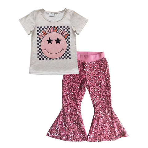 Mamas girl checker pattern pink sequined outfit