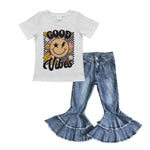 Kids good vibes denim bell bottom outfit