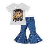 Girls good vibes denim blue jeans outfit