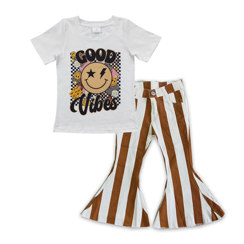 Good vibes t shirt girls striped jeans set