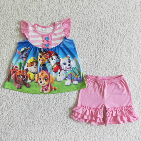 Cartoon dog kids pink ruffle shorts set