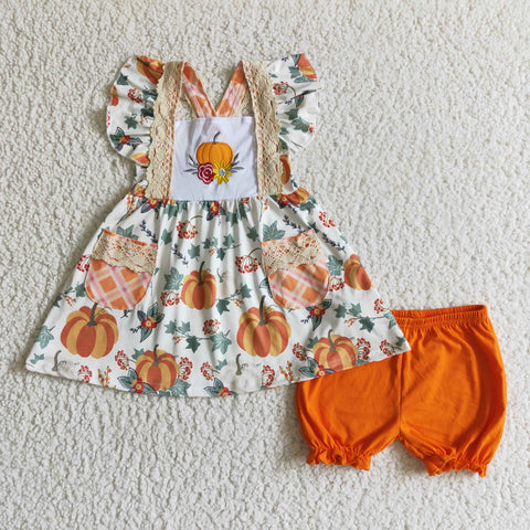 Boutique embroidery girls pumpkin clothing sets children fall clothing outfits