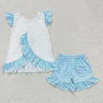 child blue plaid outfits carrot car baby girls shorts set