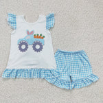 child blue plaid outfits carrot car baby girls shorts set