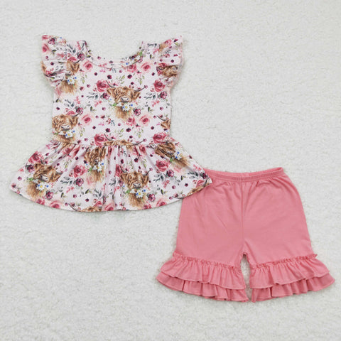 Highland cow print ruffle kids girls pink floral set