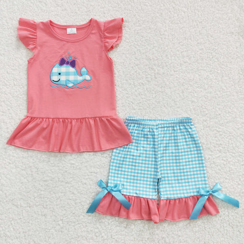 Whale embroidery girls pink shirt set