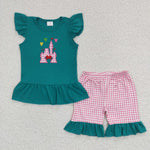 Green castle embroiery shirt girls shorts set