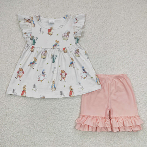 Bunny top ruffle shorts girls pink set