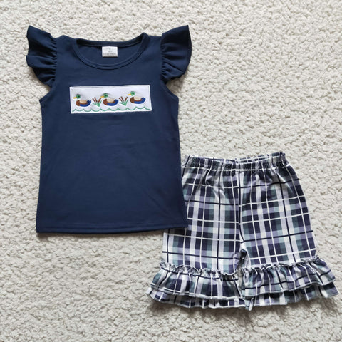 Duck embroidery kids navy shorts set