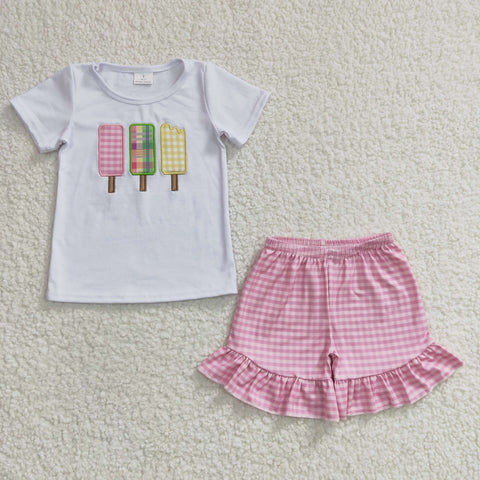 Popsicles embroidery girls pink plaid set