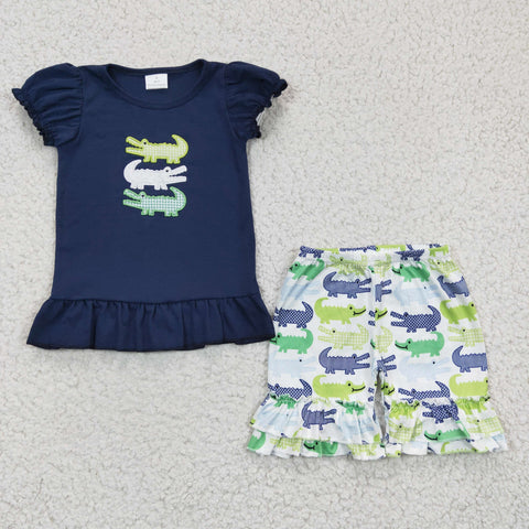 Crocodile emboridery girls blue set