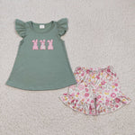 Embroidery bunny kids spring green set