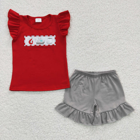 Embroidery red t shirt girls shorts set