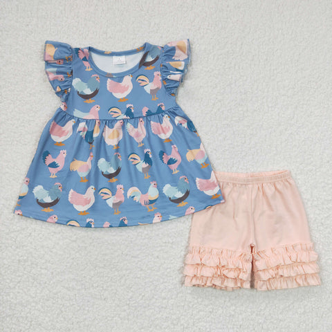 Chicken top pink ruffle shorts girls outfit